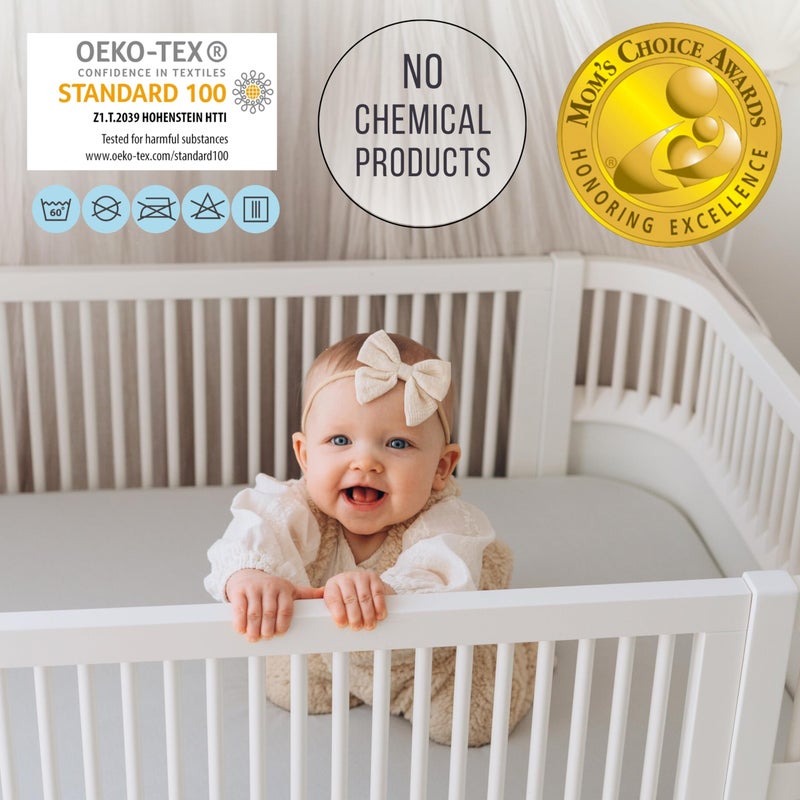Bisoo Next to Me Crib Sheets Waterproof 2in1 - Fitted Sheet 100% Jersey Oeko-Tex + Nexttome Protector - 20x33 in / 50x80-50x83 cm Compatible Bedside Cradles Chicco Kinderkraft - Soft & Silent (Gray) - Image 2