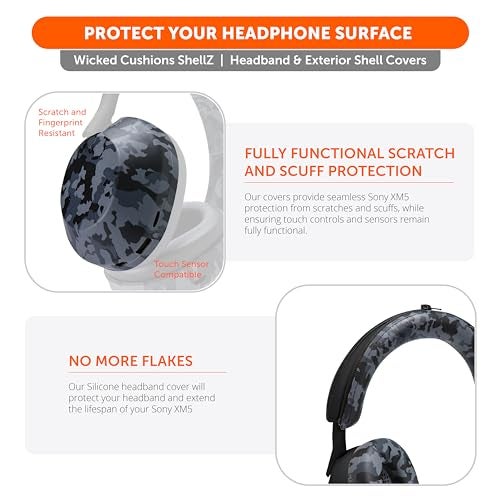 WC ShellZ XM5 - Protective Headphone Exterior Shell & Headband Covers for Sony WH1000XM5 Made by Wicked Cushions | Made with Premium Silicone | Black Camo - Image 5