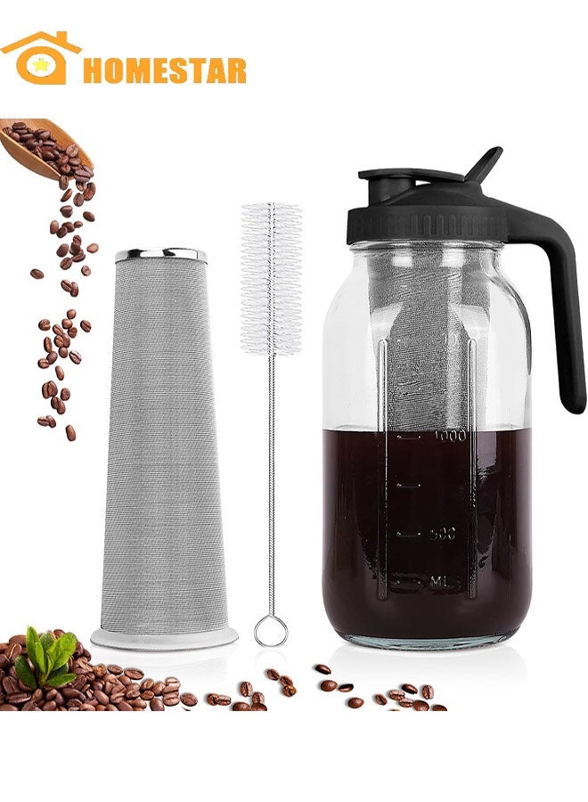 هومستر صانع القهوة الباردة، 64 أوقية واسعة فم ماسون جرة البكر مع فلتر الفولاذ المقاوم للصدأ، صب مقبض مقبض الغطاء، الزجاج الثقيل المثبت الهواء، البكر ضد التسرب للقهوة المجلدة، ليموناد الشاي - Image 1