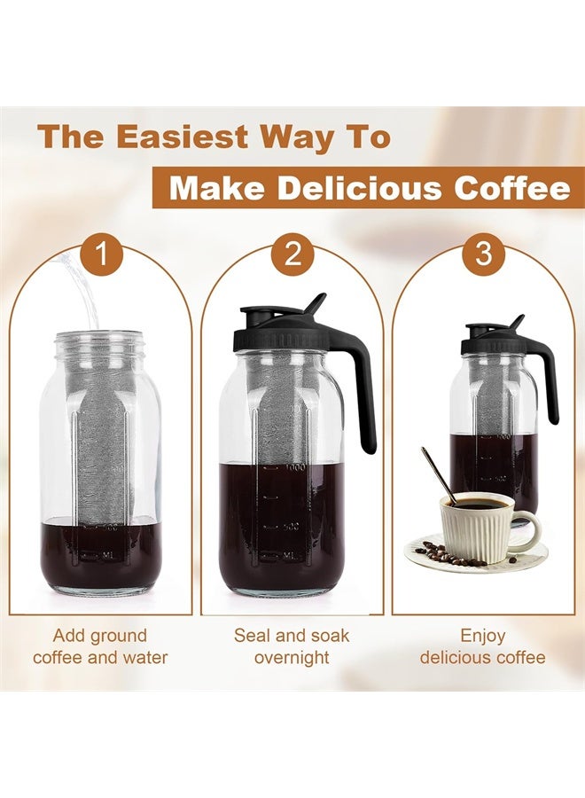 هومستر صانع القهوة الباردة، 64 أوقية واسعة فم ماسون جرة البكر مع فلتر الفولاذ المقاوم للصدأ، صب مقبض مقبض الغطاء، الزجاج الثقيل المثبت الهواء، البكر ضد التسرب للقهوة المجلدة، ليموناد الشاي - Image 4