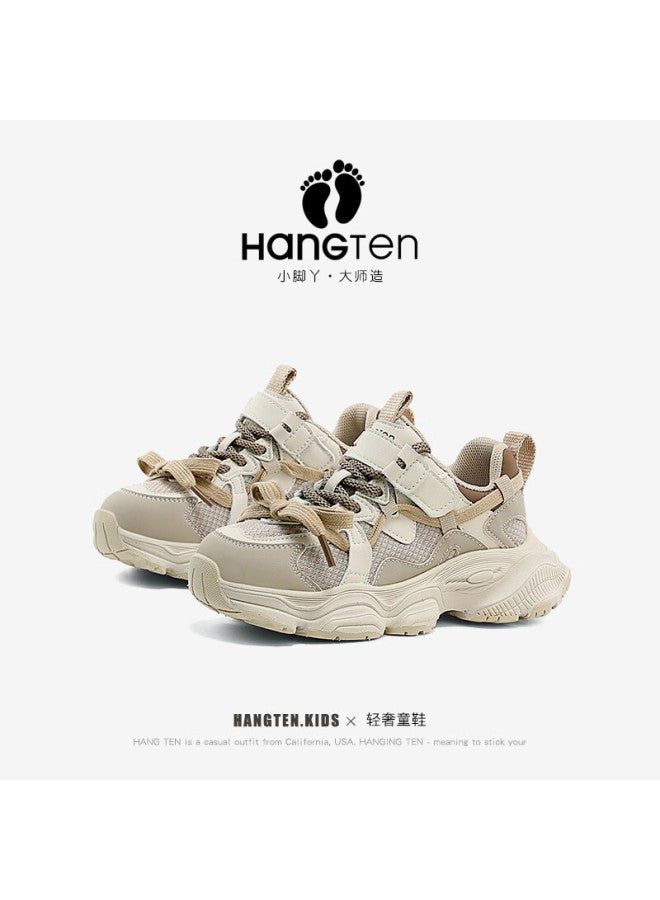 Hang Ten Kids Shoes  Autumn Children's Casual Shoes Shock Absorption Lightweight Soft Sole Boys Girls Sports Shoes Khaki Size 34