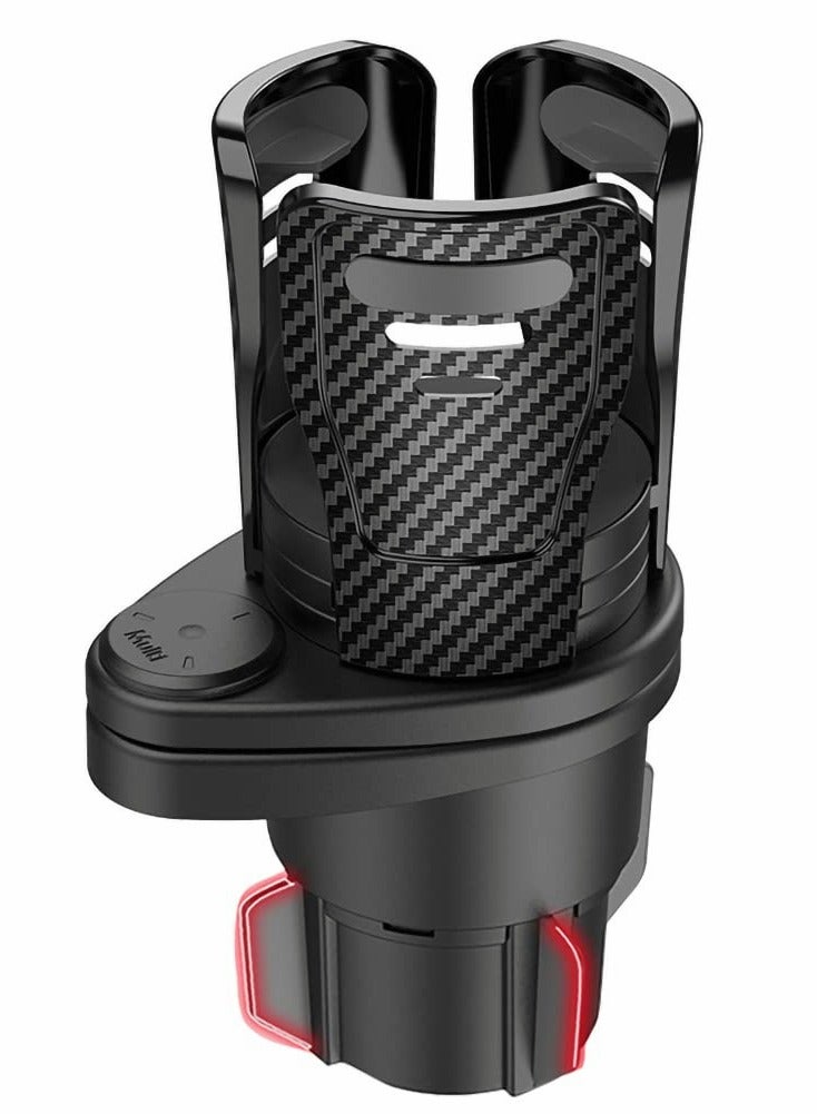 Car Cup Holder Expander Adapter, 2 in 1 Universal 360° Adjustable Water Bottle Drink Popcorn Instant Noodle Box Storage Racks for Two Cups (Carbon Fibre) - Image 1