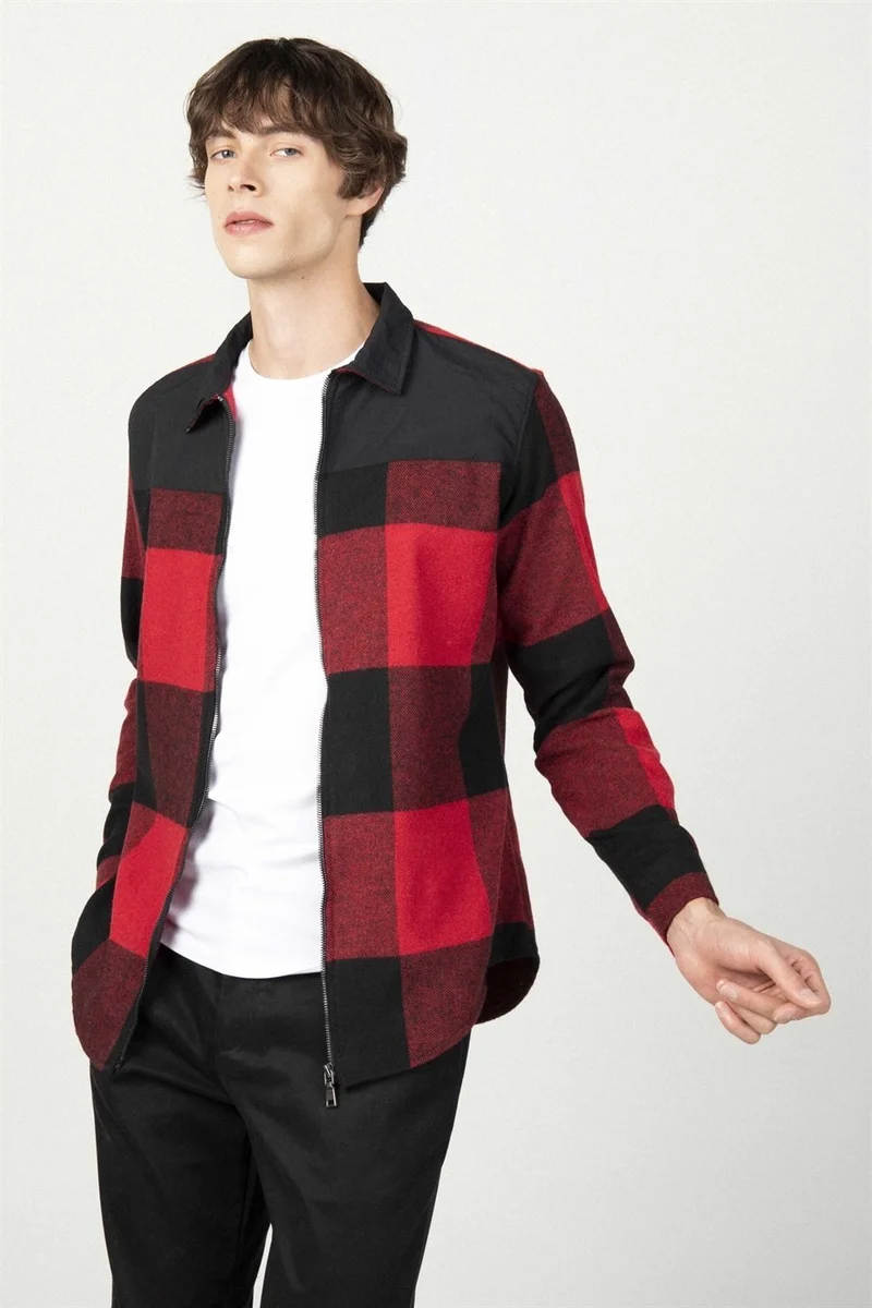 تودورس Slim Fit Lumberjack Zippered Pieced Men's Coat Shirt