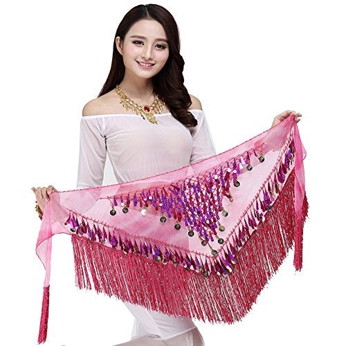 MUNAFIE Belly Dancing Belt Colorful Waist Chain Belly Dance Hip Scarf Belt Triangle Skirt Dark pink,Medium - Image 4