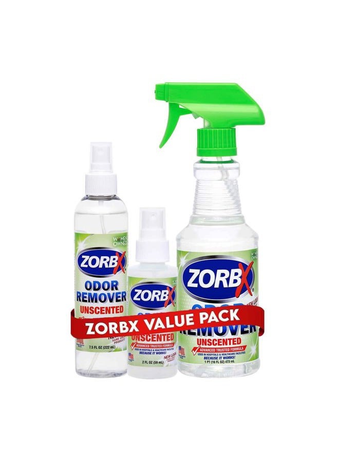 ZORBX Unscented Odor Eliminator for Strong Odor 16 Oz + 7.5 Oz + 2 Oz - Used in Hospitals & Healthcare Facilities - Advanced Formula, Fast-Acting Odor Remover Spray for Dog, Cat, House & Carpet - Image 1