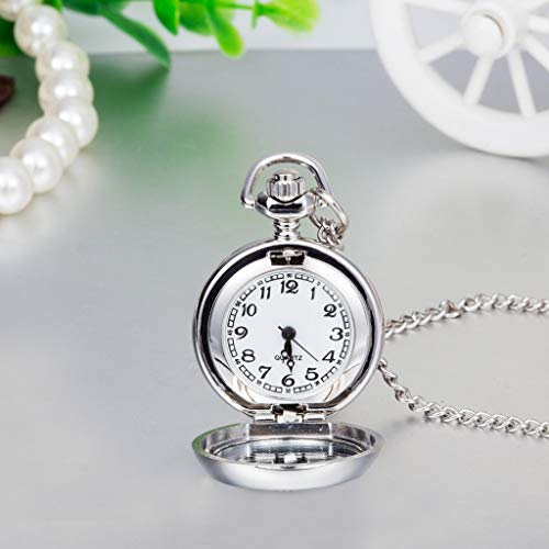 Infinite U Flower Pendant with Mirror Small Women Quartz Pocket Watch Silver Long Necklace with Gift Bag - Image 4