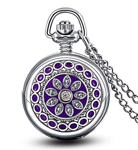 Infinite U Flower Pendant with Mirror Small Women Quartz Pocket Watch Silver Long Necklace with Gift Bag - Image 1