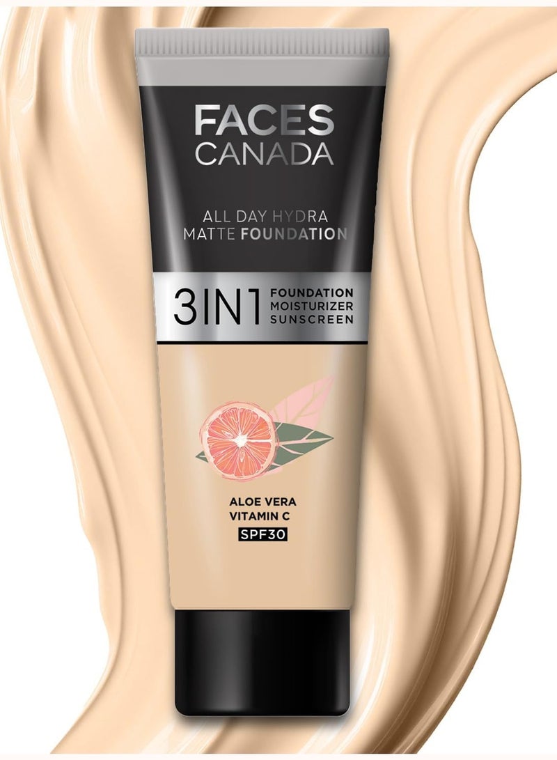 Facescanada FACESCANADA All Day Hydra Matte Cream Foundation-Mini|3-In-1 Foundation+Moisturizer+Spf 30|24 Hr Aloe Hydration&Vitamin C|10Hr Long Wear|Medium To High Buildable Coverage|Absolute Ivory,15Ml,1 Count - Image 1