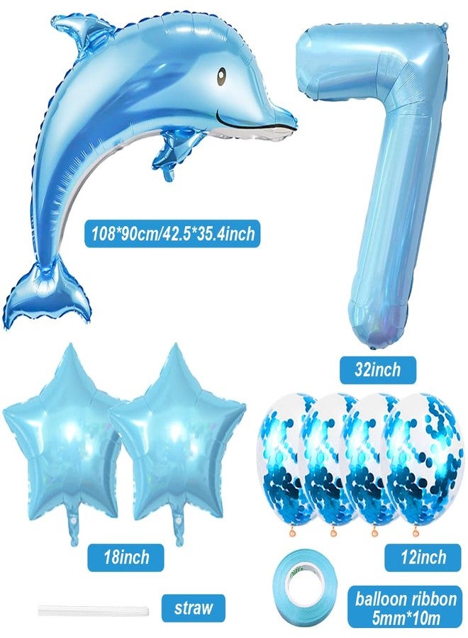 Weenkeey 7th Dolphin Birthday Balloons Giant Dolphin Aluminum Foil Balloon Number 7 Mylar Balloon Ocean Animals Balloons for Ocean Theme Party Supplies Boys Birthday Décor - Light Blue - Image 2