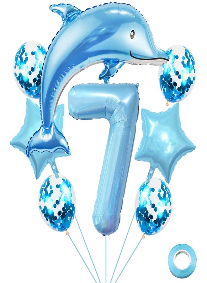 Weenkeey 7th Dolphin Birthday Balloons Giant Dolphin Aluminum Foil Balloon Number 7 Mylar Balloon Ocean Animals Balloons for Ocean Theme Party Supplies Boys Birthday Décor - Light Blue - Image 1