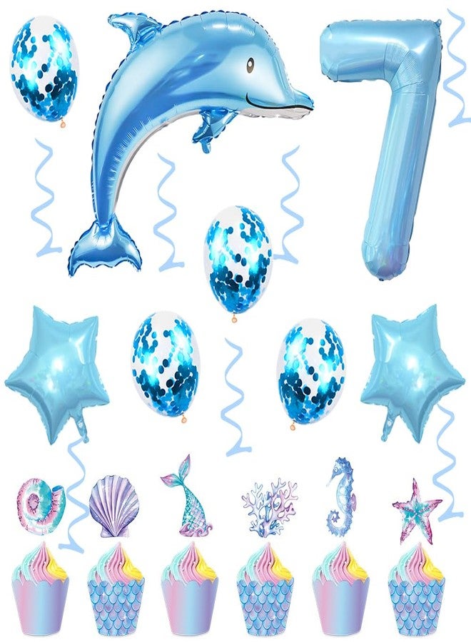 Weenkeey 7th Dolphin Birthday Balloons Giant Dolphin Aluminum Foil Balloon Number 7 Mylar Balloon Ocean Animals Balloons for Ocean Theme Party Supplies Boys Birthday Décor - Light Blue - Image 4