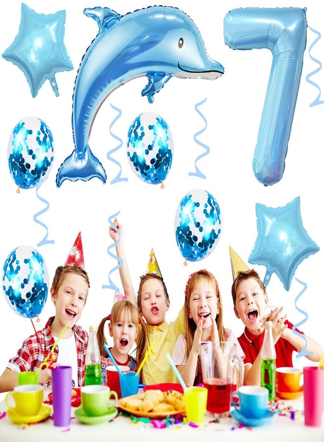 Weenkeey 7th Dolphin Birthday Balloons Giant Dolphin Aluminum Foil Balloon Number 7 Mylar Balloon Ocean Animals Balloons for Ocean Theme Party Supplies Boys Birthday Décor - Light Blue - Image 3