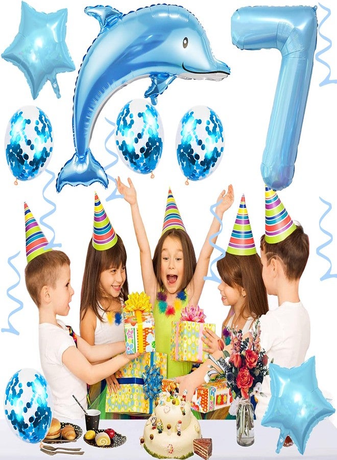 Weenkeey 7th Dolphin Birthday Balloons Giant Dolphin Aluminum Foil Balloon Number 7 Mylar Balloon Ocean Animals Balloons for Ocean Theme Party Supplies Boys Birthday Décor - Light Blue - Image 5