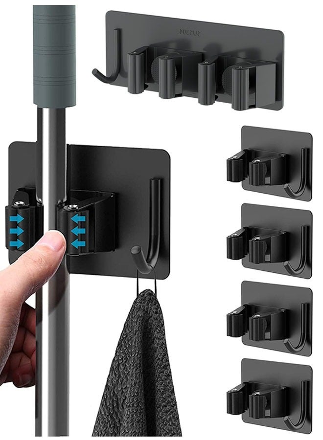 Stainless Steel Broom Mop Holder (5-Pack) – Mop Broom Organizer Wall Mounted Heavy Duty with Hooks Hanger Self Adhesive Wall Mounted Organizer Clips for Kitchen, Bathroom, Garage & Garden - Image 1