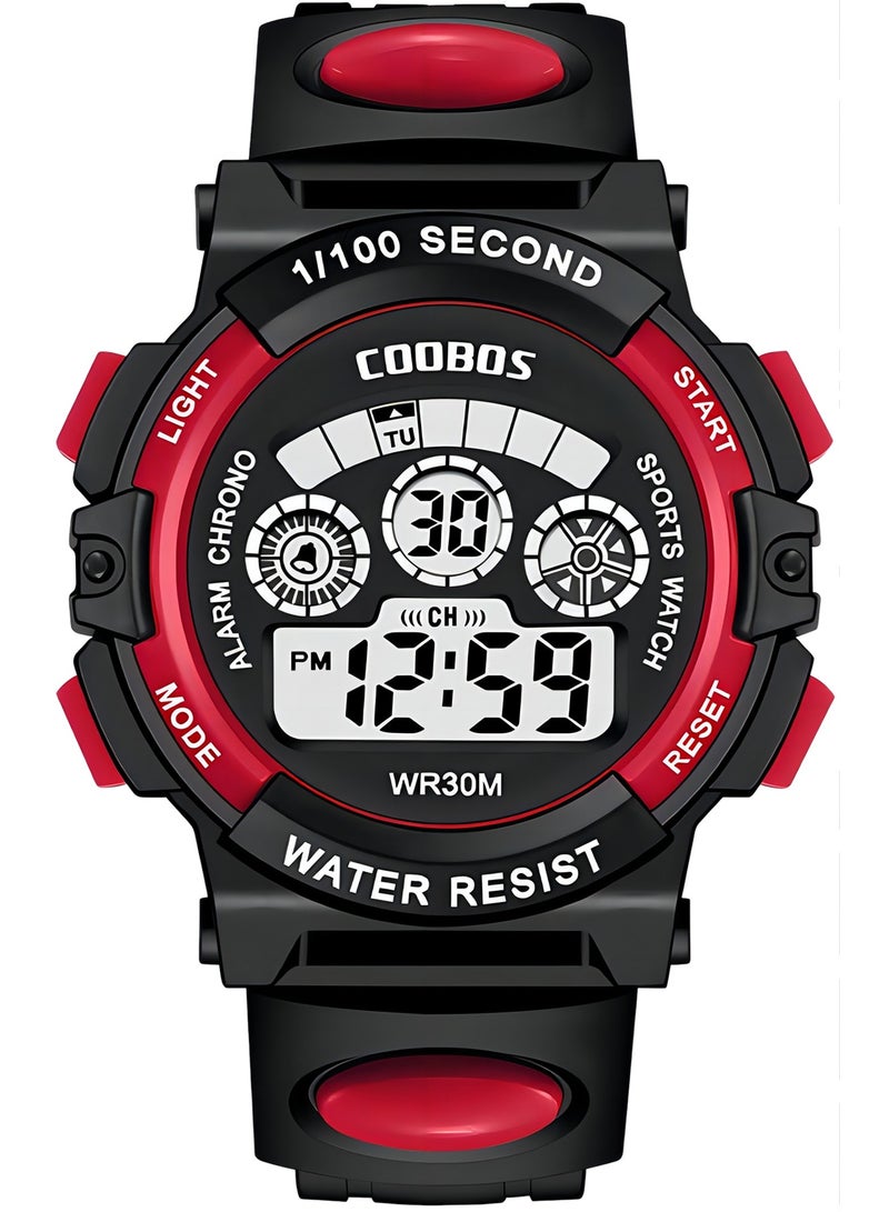 Coobos Kids Watch Water Resistant Rubber Digital Boys Watch Girls Watch Black/Red  - Image 1