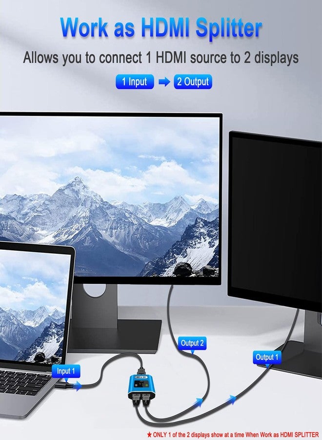 موزع HDMI بدقة 4K@60Hz، محول HDMI ثنائي الاتجاه، موزع HDMI من الألومنيوم 2 مدخل 1 مخرج / 1 مدخل 2 مخرج، محول HDMI، يدعم 3D 1080P، مناسب لأجهزة التلفزيون الذكية، وأجهزة الكمبيوتر المحمولة، وأجهزة PS3/4/5، ومشغلات DVD، أزرق (الكابل غير مرفق) - Image 4