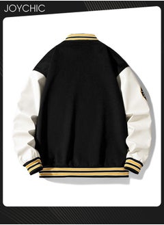Joychic Classic Trendy Spring and Autumn Warm Cotton Coat Men Button Varsity College Baseball Jacket Casual Embroidered Streetwear Coat Black+White  - Image 4