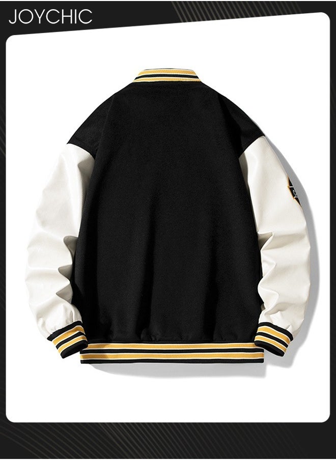 Joychic Classic Trendy Spring and Autumn Warm Cotton Coat Men Button Varsity College Baseball Jacket Casual Embroidered Streetwear Coat Black+White  - Image 4