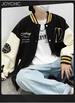 Joychic Classic Trendy Spring and Autumn Warm Cotton Coat Men Button Varsity College Baseball Jacket Casual Embroidered Streetwear Coat Black+White  - Image 2