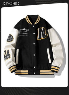 Joychic Classic Trendy Spring and Autumn Warm Cotton Coat Men Button Varsity College Baseball Jacket Casual Embroidered Streetwear Coat Black+White  - Image 3
