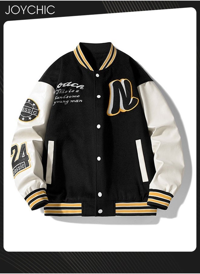 Joychic Classic Trendy Spring and Autumn Warm Cotton Coat Men Button Varsity College Baseball Jacket Casual Embroidered Streetwear Coat Black+White  - Image 3