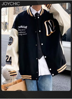 Joychic Classic Trendy Spring and Autumn Warm Cotton Coat Men Button Varsity College Baseball Jacket Casual Embroidered Streetwear Coat Black+White  - Image 1