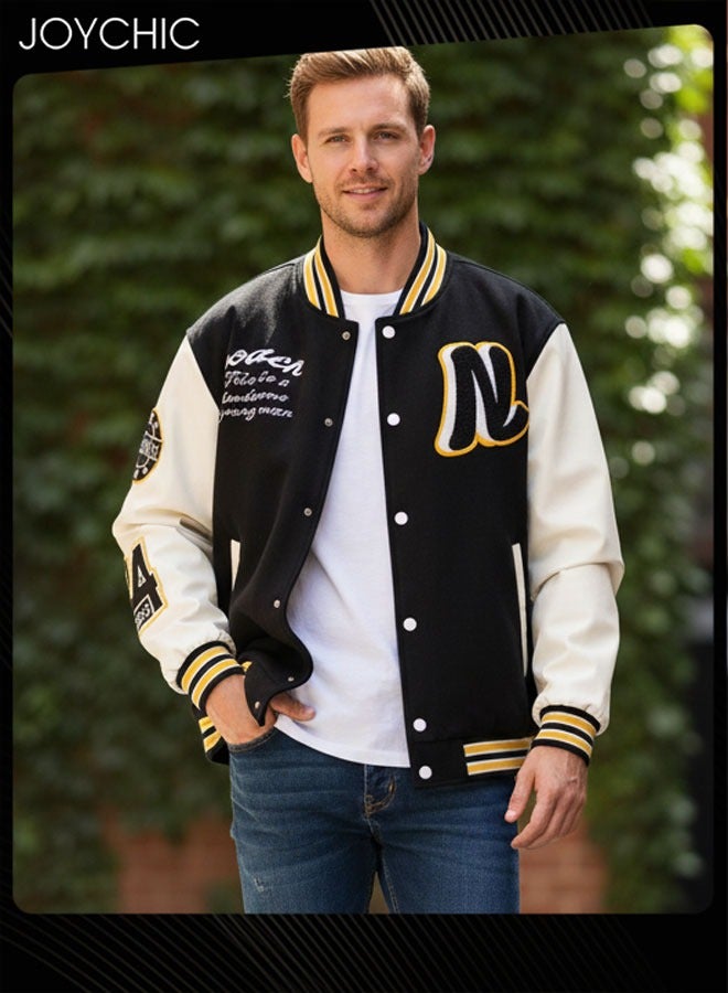 Joychic Classic Trendy Spring and Autumn Warm Cotton Coat Men Button Varsity College Baseball Jacket Casual Embroidered Streetwear Coat Black+White - Image 1