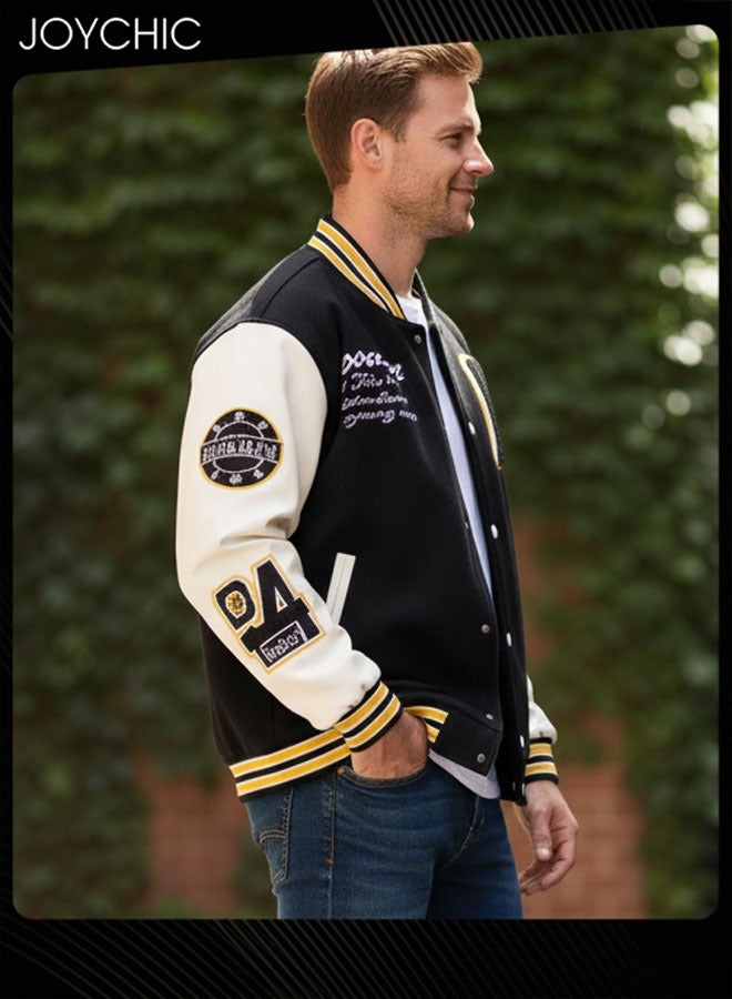 Joychic Classic Trendy Spring and Autumn Warm Cotton Coat Men Button Varsity College Baseball Jacket Casual Embroidered Streetwear Coat Black+White - Image 2