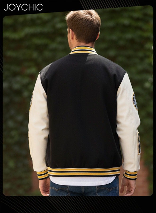 Joychic Classic Trendy Spring and Autumn Warm Cotton Coat Men Button Varsity College Baseball Jacket Casual Embroidered Streetwear Coat Black+White - Image 3