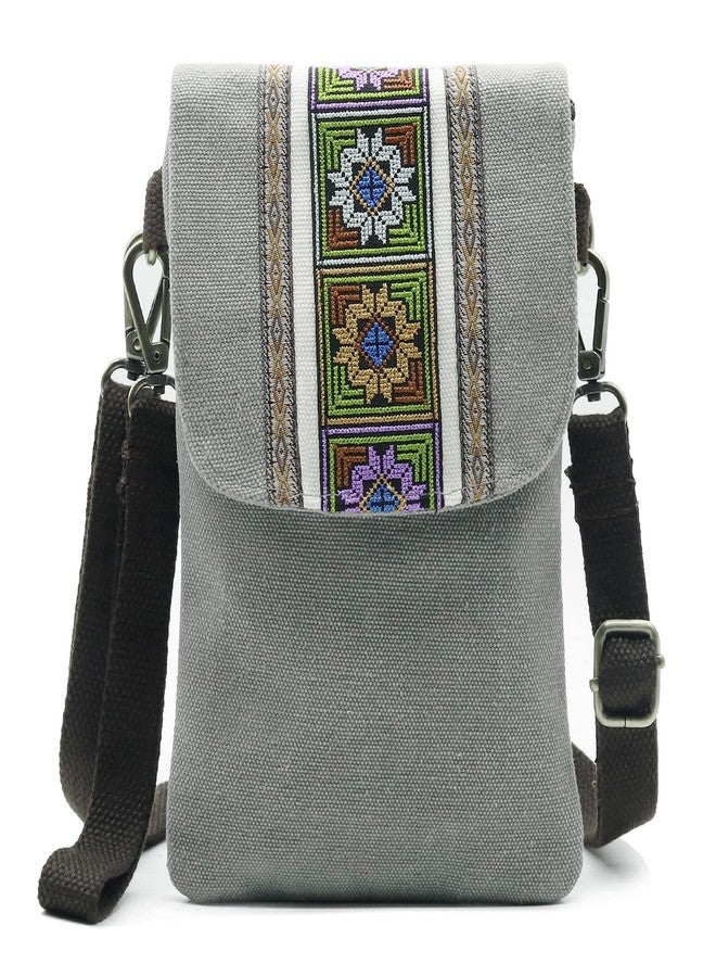 SILKAREA Vintage Embroidered Canvas Small Flip Crossbody Bag Cell Phone Pouch for Women Wristlet Wallet Bag Coin Purse, Light Grey, Size Basic, Vintage - Image 1