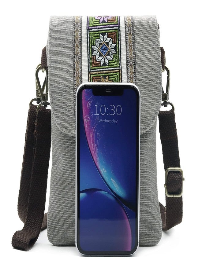 SILKAREA Vintage Embroidered Canvas Small Flip Crossbody Bag Cell Phone Pouch for Women Wristlet Wallet Bag Coin Purse, Light Grey, Size Basic, Vintage - Image 3