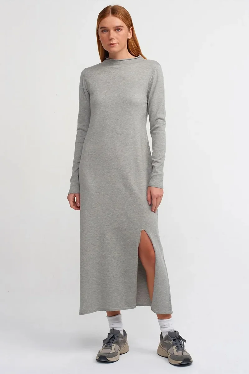 Dilvin Light Grey DILVIN Ribbed Turtleneck Midi Dress for Women | Best Price UAE