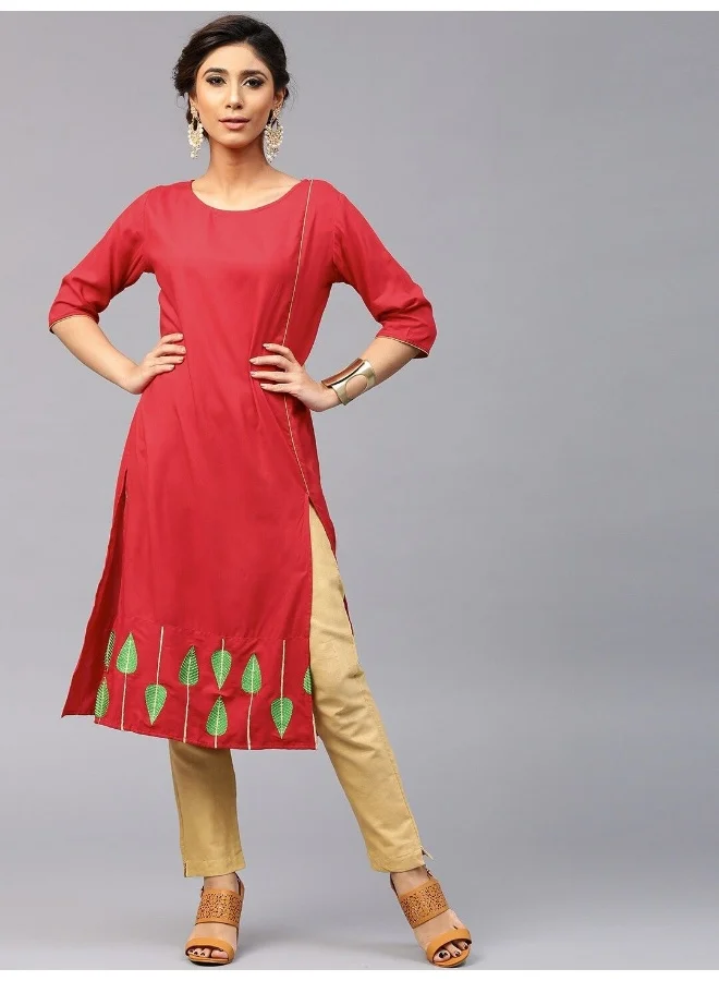 AKS Red Embroidered Straight Kurta
