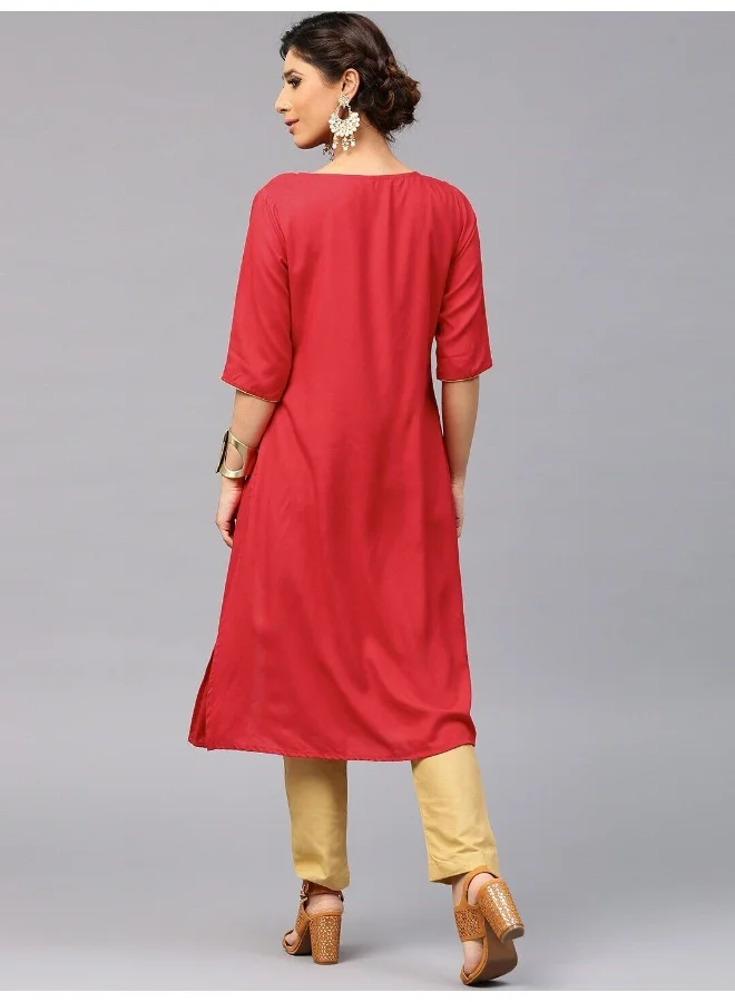 AKS Red Embroidered Straight Kurta