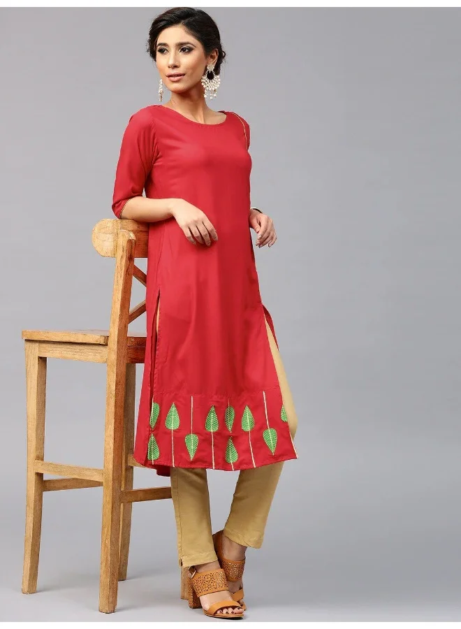AKS Red Embroidered Straight Kurta