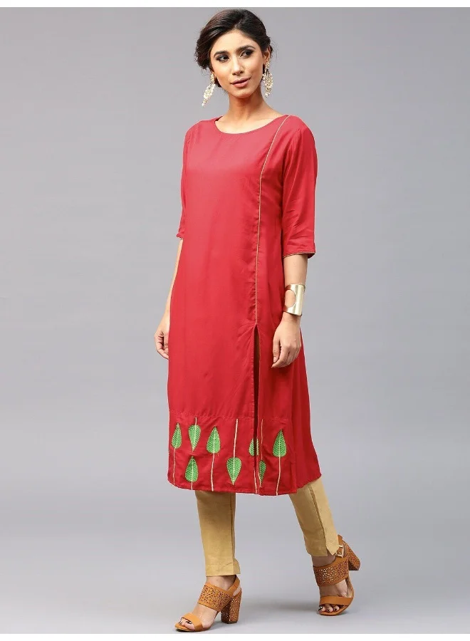 AKS Red Embroidered Straight Kurta
