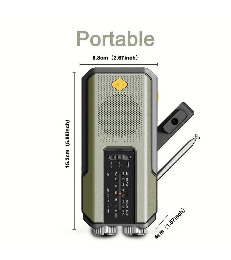 Green Hand Crank Emergency Radio with Solar Power Flashlight and Power Bank - Image 3