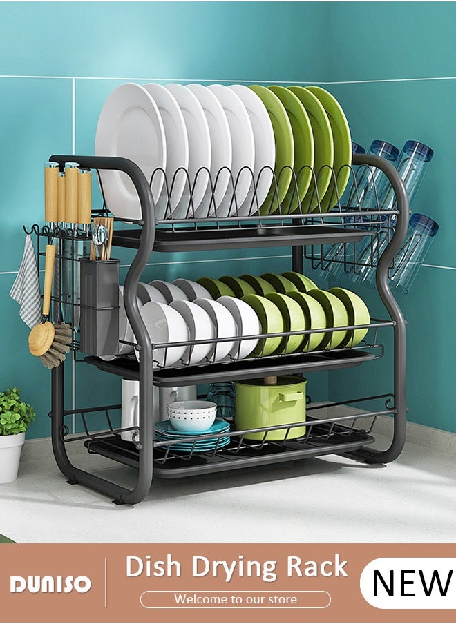 DUNISO Dish Drying Rack, 3 Tier Dish Racks for Kitchen Counter, Stainless Steel Dish Drainer with Drainboard Utensil Holder for Plates Bowls for Kitchen Countertop, Detachable Dish Rack  - Image 1