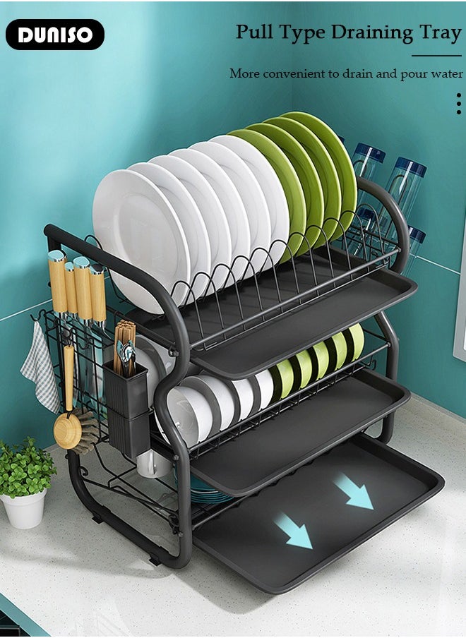 DUNISO Dish Drying Rack, 3 Tier Dish Racks for Kitchen Counter, Stainless Steel Dish Drainer with Drainboard Utensil Holder for Plates Bowls for Kitchen Countertop, Detachable Dish Rack  - Image 2