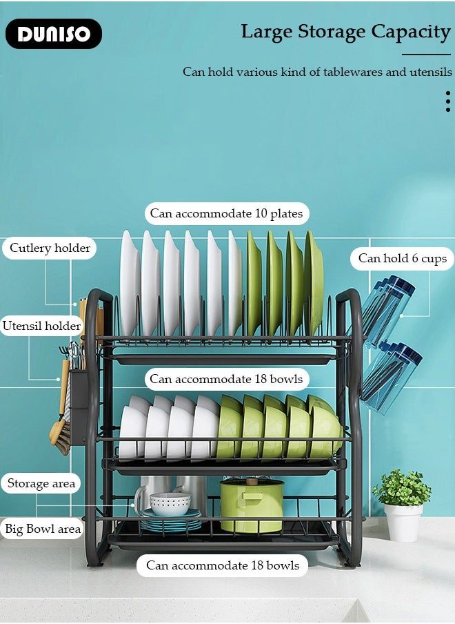 DUNISO Dish Drying Rack, 3 Tier Dish Racks for Kitchen Counter, Stainless Steel Dish Drainer with Drainboard Utensil Holder for Plates Bowls for Kitchen Countertop, Detachable Dish Rack  - Image 3
