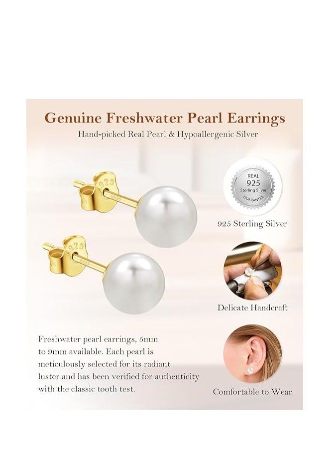 Hain 8MM Freshwater Pearl Stud Earrings for Women, Hypoallergenic 18K Gold Vermeil Earrings Studs with Genuine Round White Pearls  - Image 5