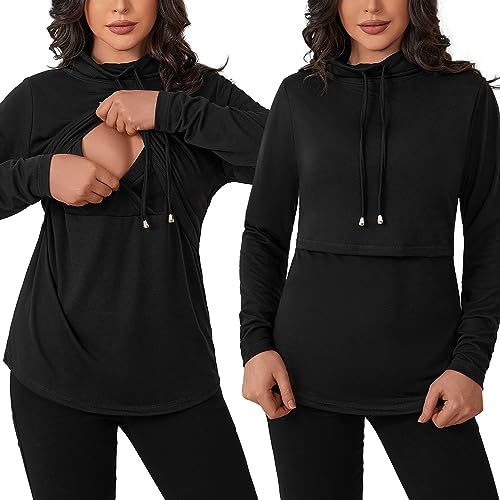 GINKANA Women's Nursing Shirts Long Sleeve Nursing Tops Drawstring Sweatshirts Casual Athletic Breastfeeding Tops Clothes,Black,S - Image 1