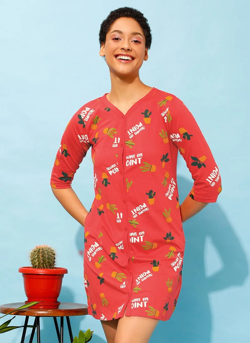 Clovia Clovia Cactus Print Button Me Up Night Dress in Coral Red - 100% Cotton