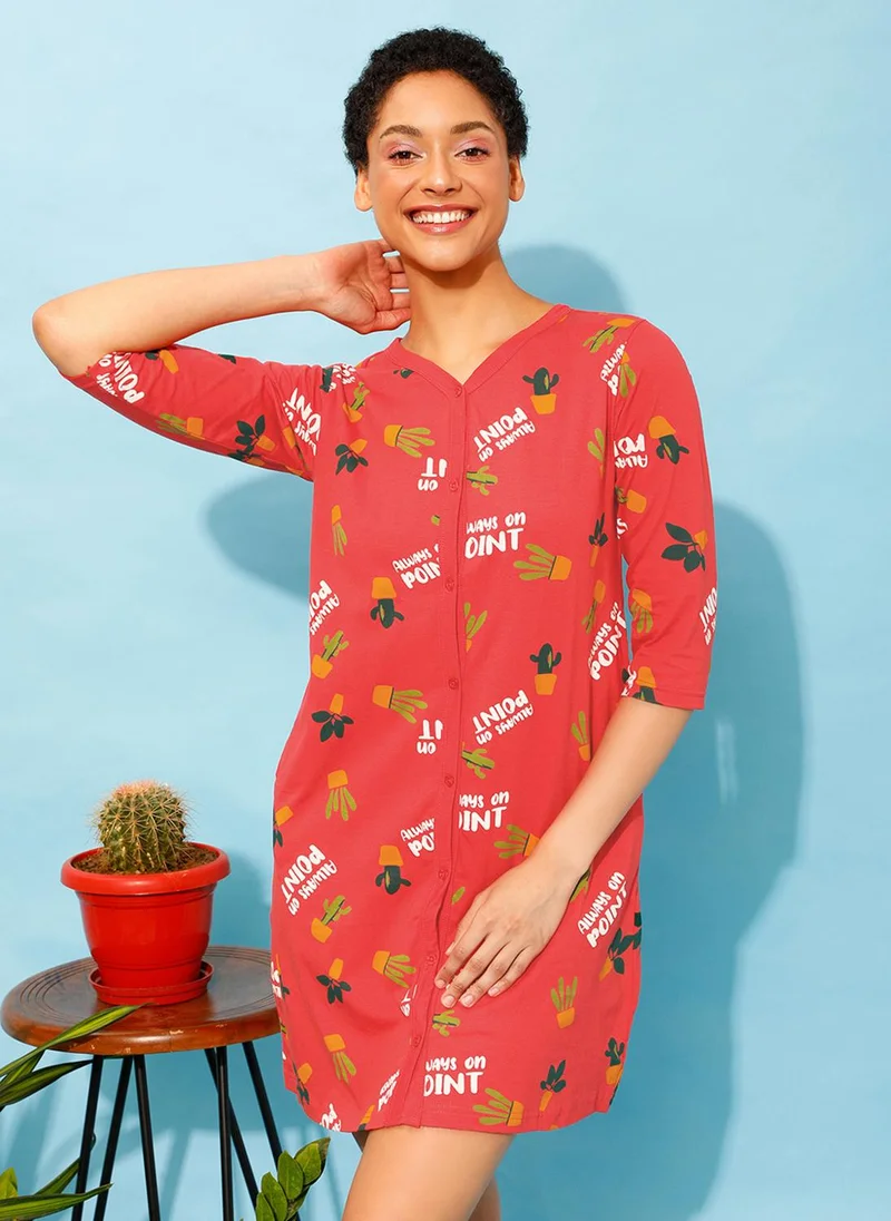 Clovia Clovia Cactus Print Button Me Up Night Dress in Coral Red - 100% Cotton