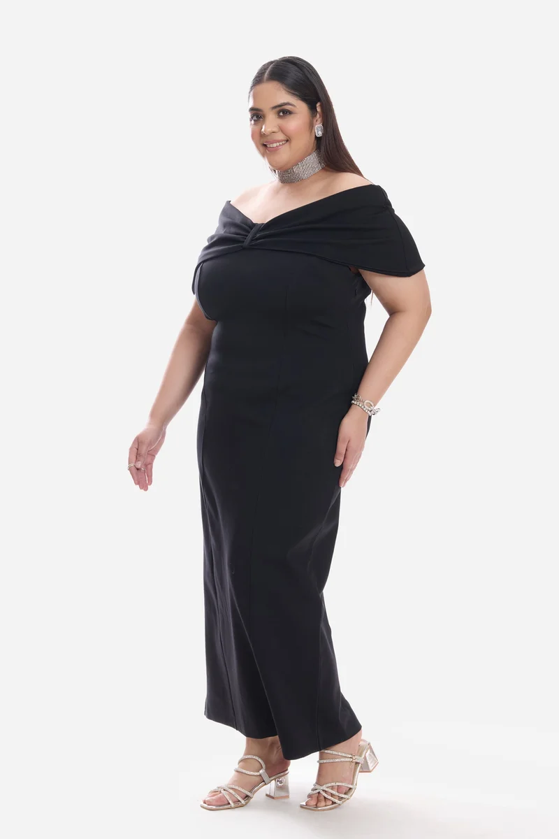 Virgio  Solid Ponte Off Shoulder Bow Maxi Plus Size Dress for Women for Women | Best Price UAE