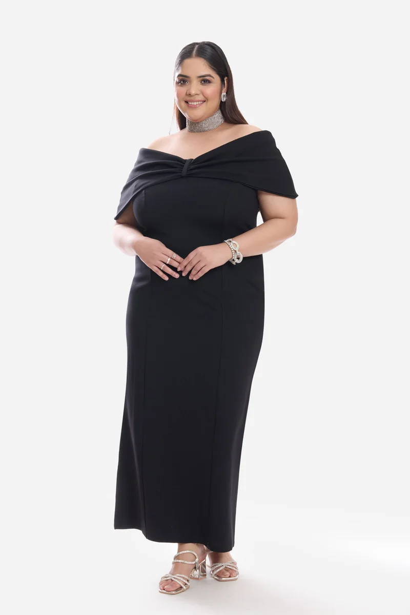 Virgio Solid Ponte Off Shoulder Bow Maxi Plus Size Dress for Women