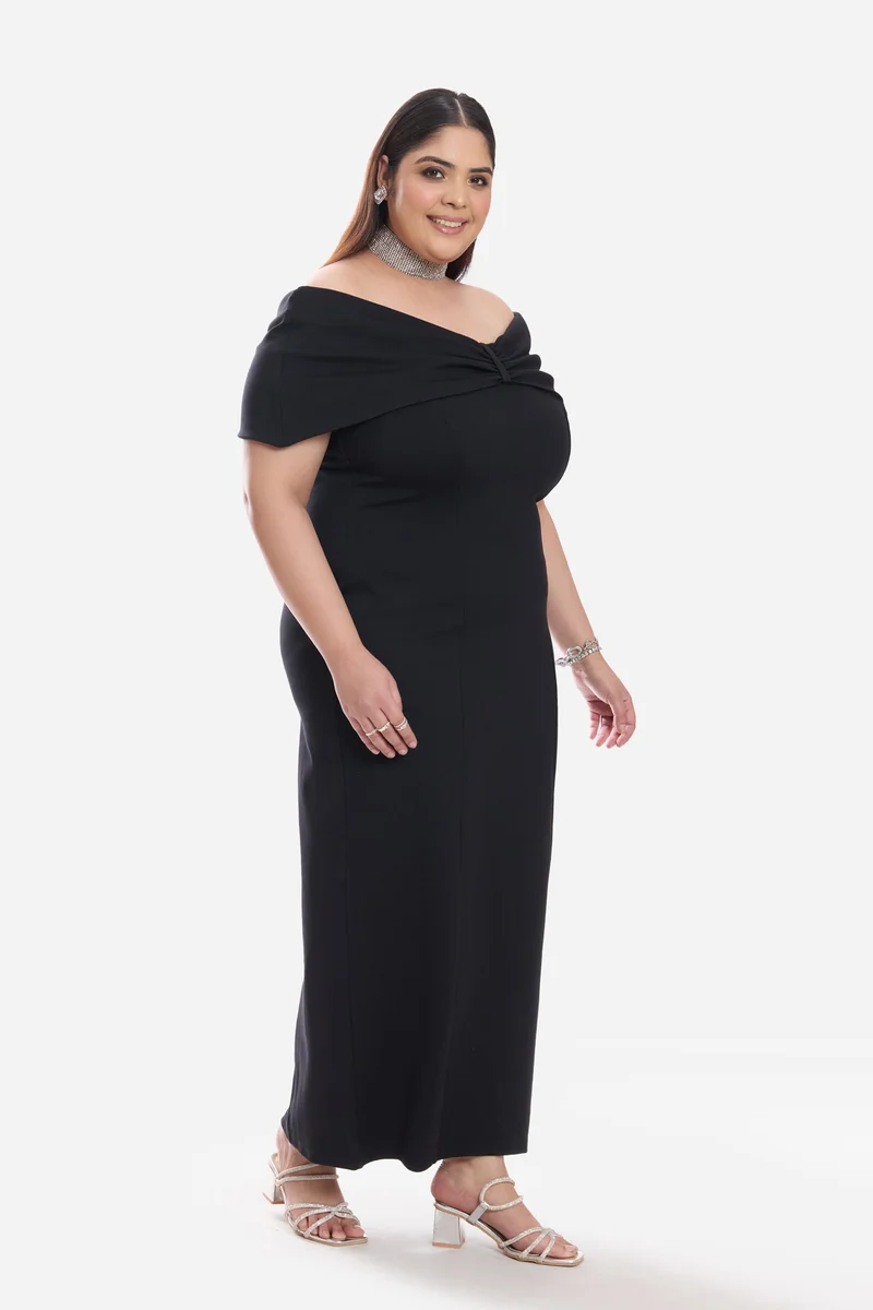 Virgio  Solid Ponte Off Shoulder Bow Maxi Plus Size Dress for Women for Women | Best Price UAE