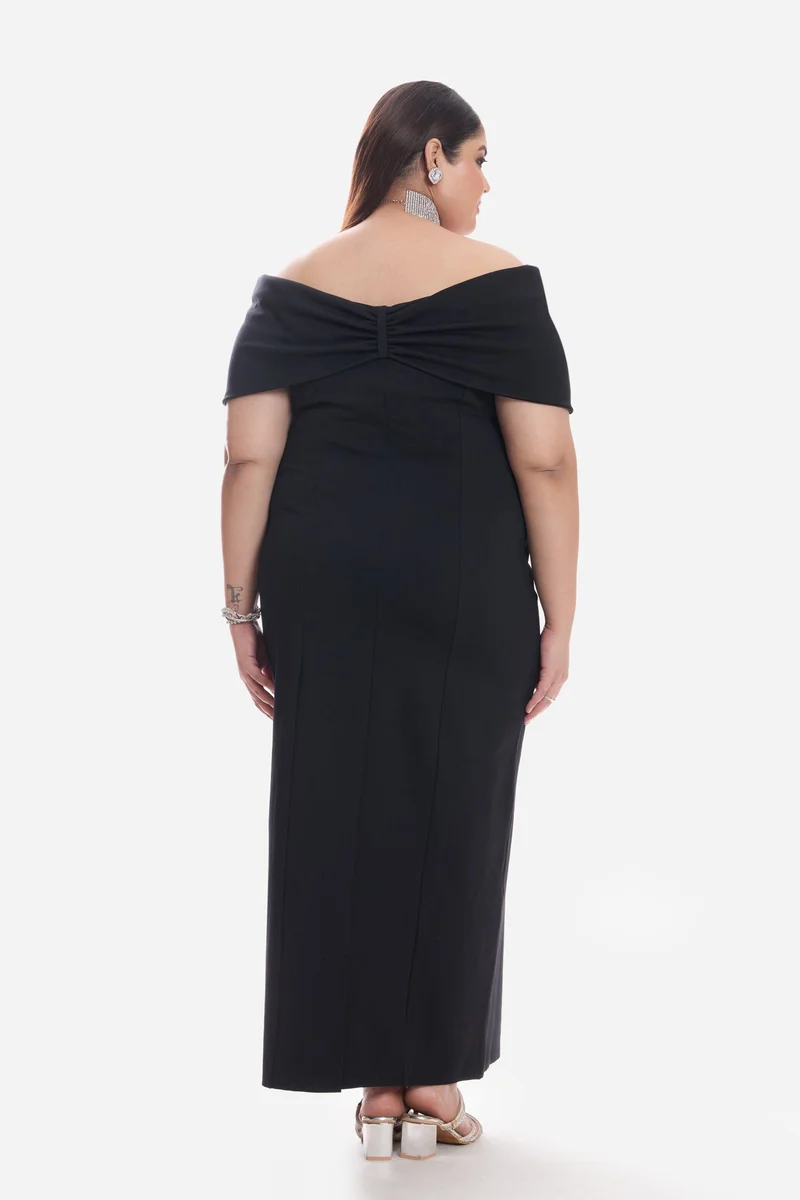 Virgio  Solid Ponte Off Shoulder Bow Maxi Plus Size Dress for Women for Women | Best Price UAE