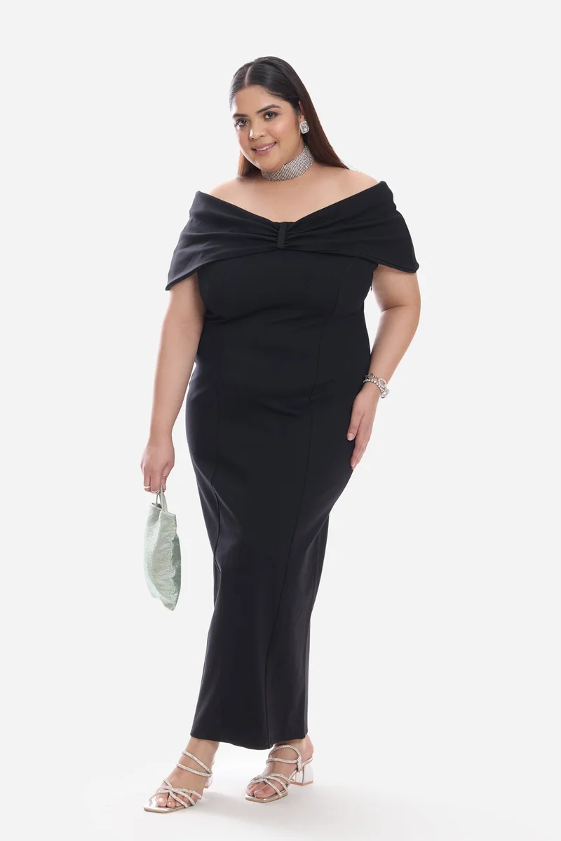 Virgio Solid Ponte Off Shoulder Bow Maxi Plus Size Dress for Women