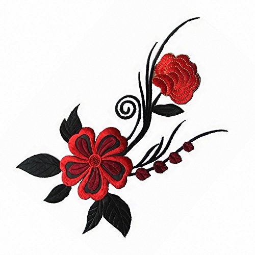 FEEPOP 1pcs Big Piece Red Flower Embroidered Iron-on Patches(11.8X7.9 inch, with Glue on Back) - Image 1